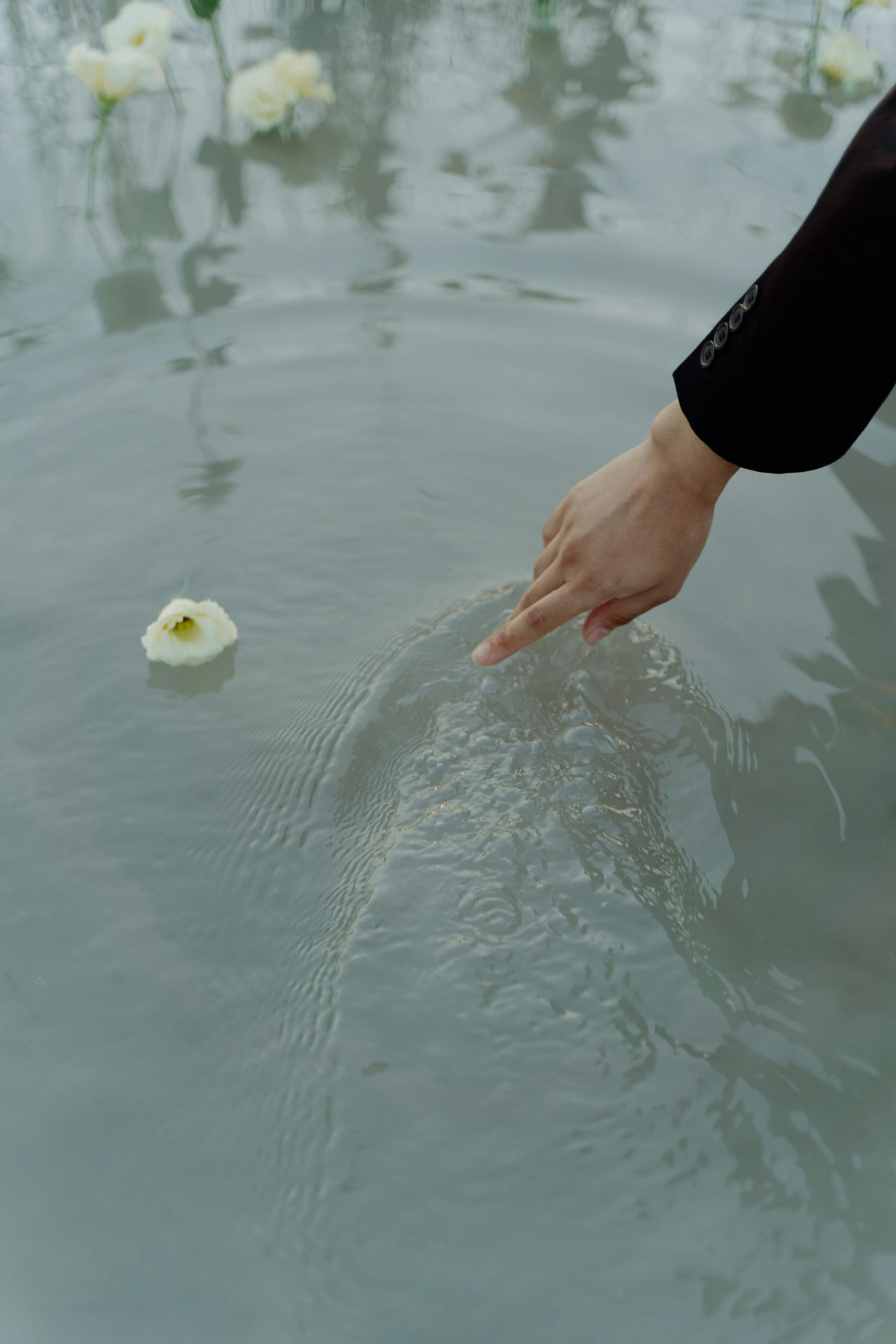Hand raakt het water van de gedenkfontein aan naast een witte bloem
